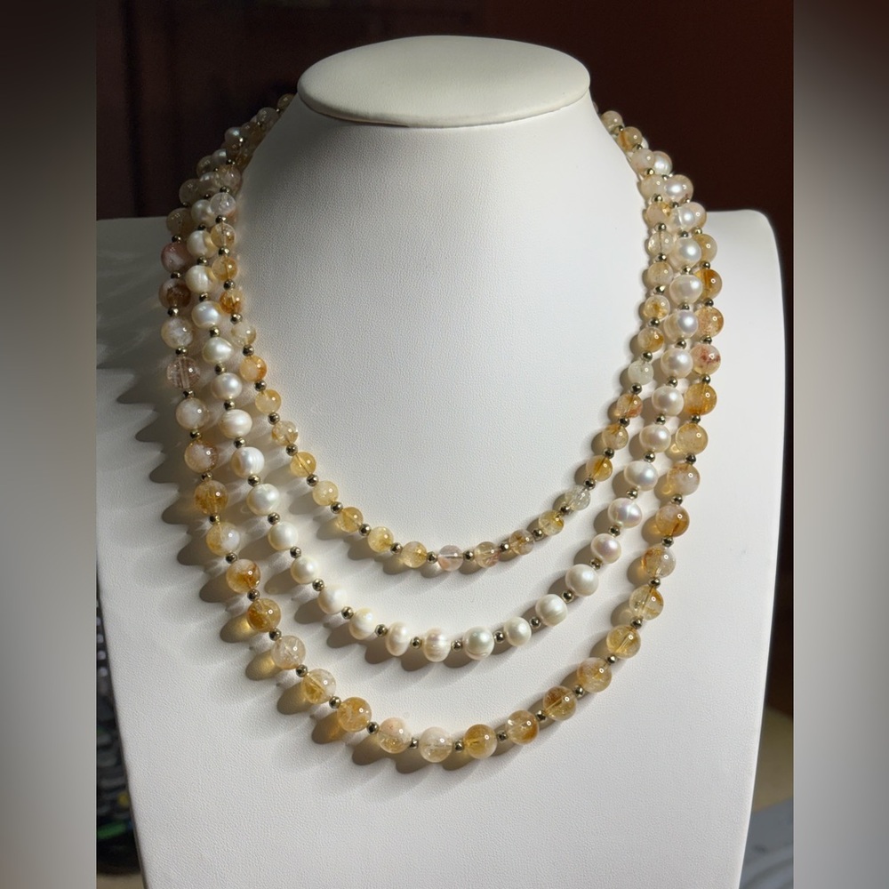 Genuine Citrine and White Pearl Necklace